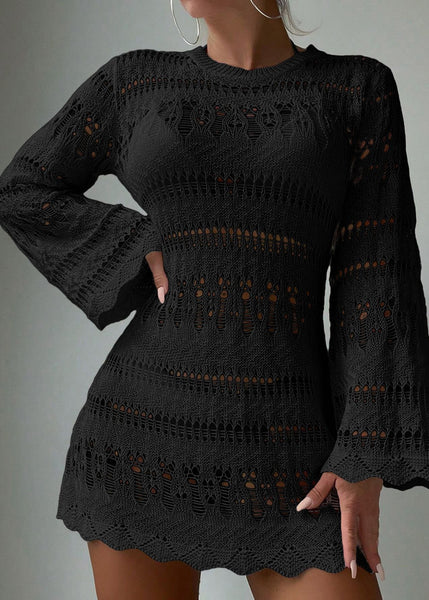 Brief White O-Neck Hollow Out Holiday Knit Cover Up Swimwear VC055 WM-Beach-TP240615