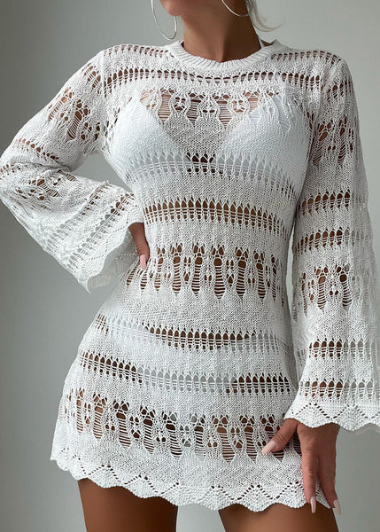 Brief White O-Neck Hollow Out Holiday Knit Cover Up Swimwear VC055 WM-Beach-TP240615