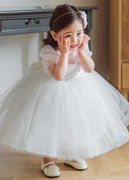 Brief White O-Neck Patchwork Tulle Girls Long Dress Summer YS036 ABC