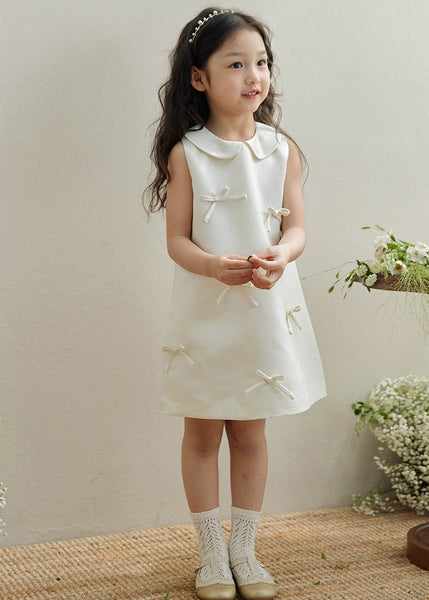 Brief White Peter Pan Collar Bow Kids Long Dresses Sleeveless QV003 WS-JRTZSDGL241026