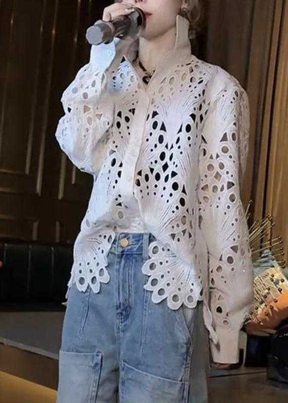 Shirt Out Lace Peter White Spring Hollow Pan Brief Collar FashionChic