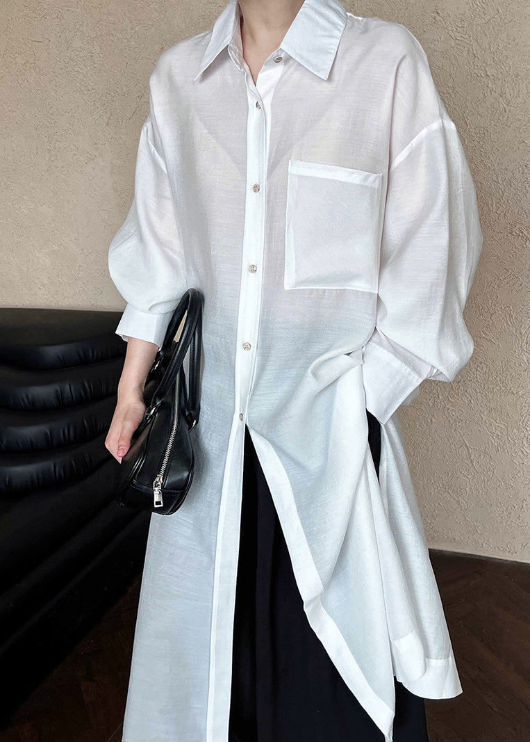 Brief White Peter Pan Collar Patchwork Silk Cotton Long Shirt Dresses Long Sleeve QE069 HS-FDLS240925