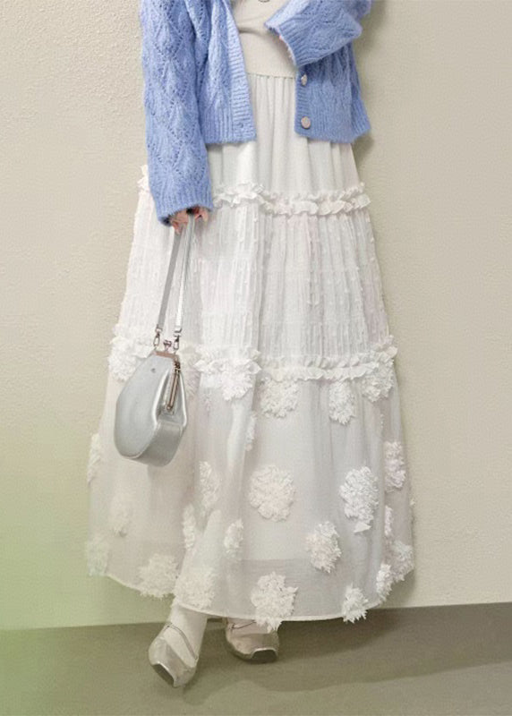 White Waist Maxi Brief Ruffled Elastic Patchwork Skirt FashionChic