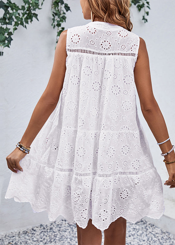 Summer Stand Mid Out Dress Hollow Brief Collar White FashionChic