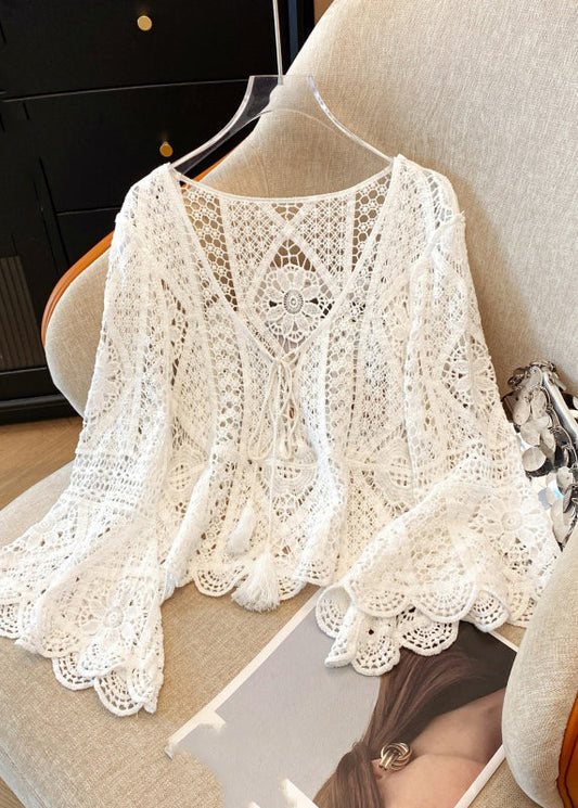 Hollow Lace Brief Shirt V White Out Neck Spring FashionChic