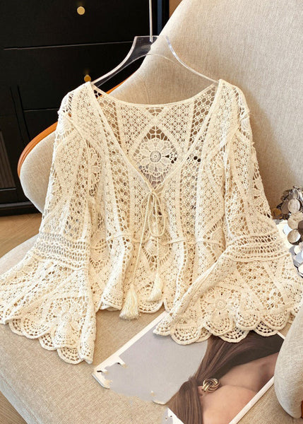 Hollow Lace Brief Shirt V White Out Neck Spring FashionChic