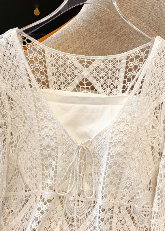 Hollow Lace Brief Shirt V White Out Neck Spring FashionChic
