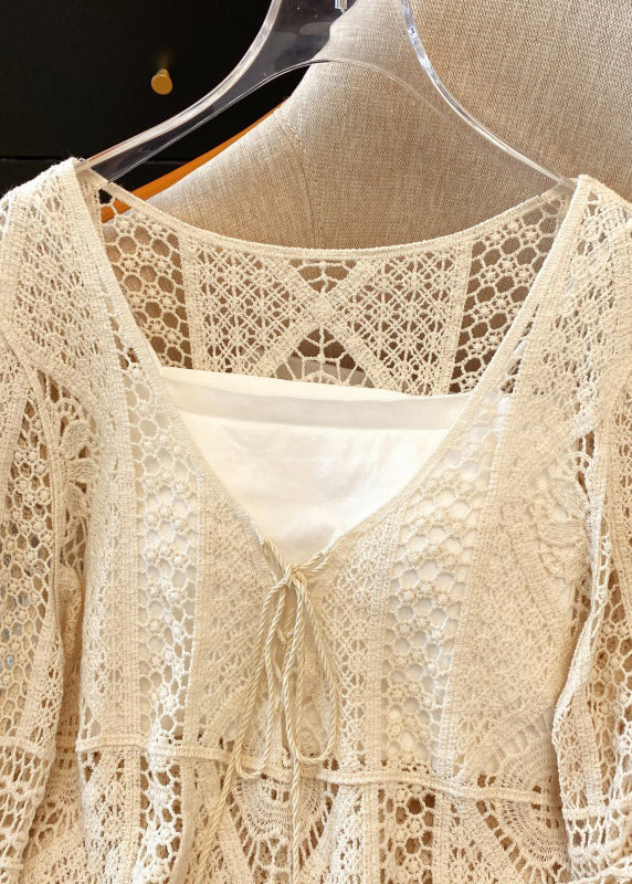 Hollow Lace Brief Shirt V White Out Neck Spring FashionChic