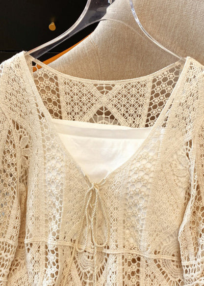 Hollow Lace Brief Shirt V White Out Neck Spring FashionChic