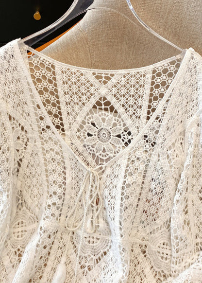 Hollow Lace Brief Shirt V White Out Neck Spring FashionChic