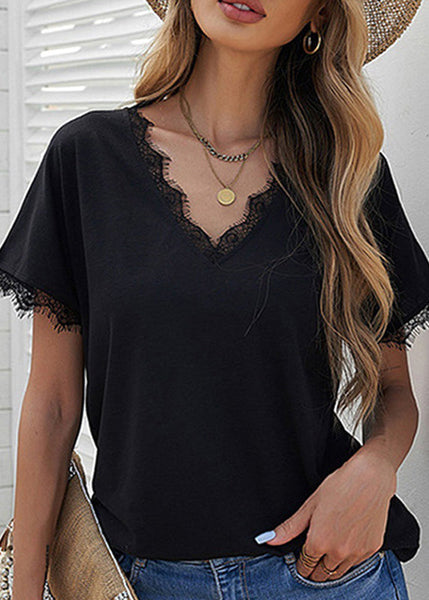 V Short Solid Brief Lace T Patchwork Neck Shirt White Sleeve FashionChic