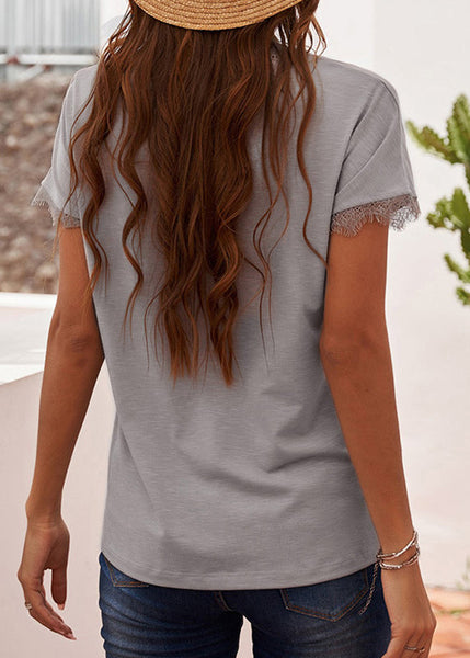 V Short Solid Brief Lace T Patchwork Neck Shirt White Sleeve FashionChic