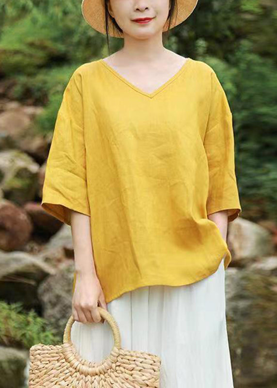 Brief Yellow V Neck Tops Half Sleeve GH1083 Ada Fashion