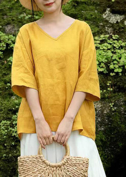 Brief Yellow V Neck Tops Half Sleeve GH1083 Ada Fashion