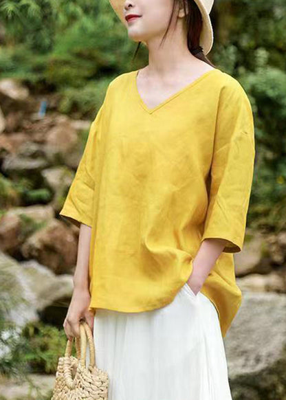 Brief Yellow V Neck Tops Half Sleeve GH1083 Ada Fashion