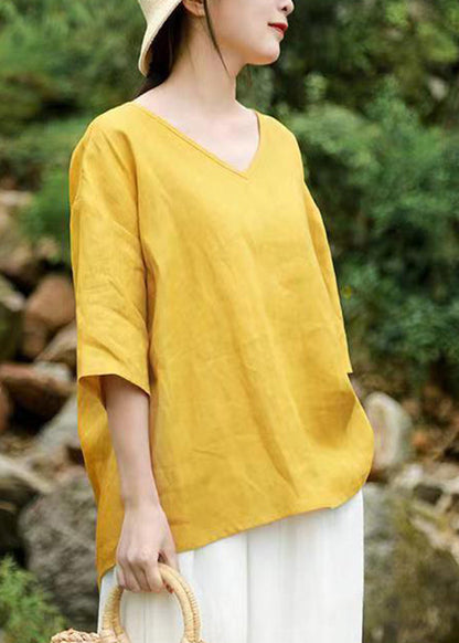 Brief Yellow V Neck Tops Half Sleeve GH1083 Ada Fashion