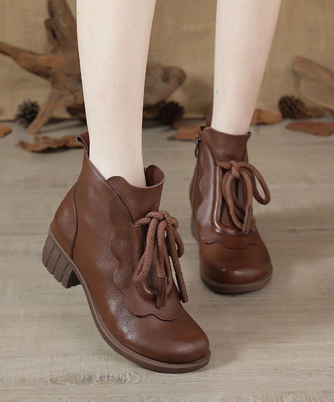 Brown Boots Chunky Cowhide Leather Fashion Lace Up Boots RD021 ABC