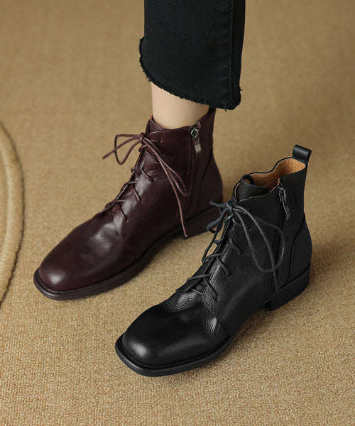 Brown Boots Chunky Cowhide Leather Fashion Splicing Cross Strap AP1025 shoe-XZ240905