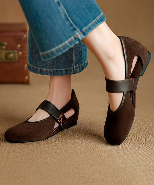 Strap Brown Suede Shoes Women Buckle Wedge Splicing FashionChic