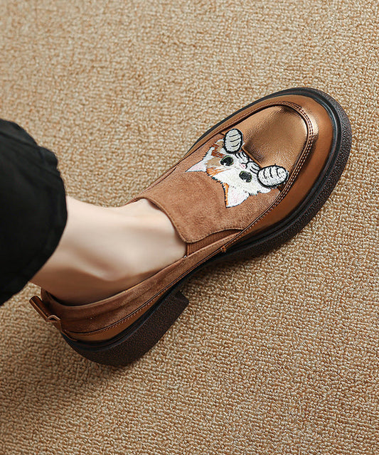 Loafer Cats Brown Chunky Splicing Embroidered Suede Shoes FashionChic