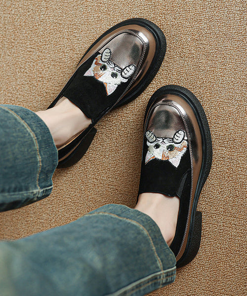 Loafer Cats Brown Chunky Splicing Embroidered Suede Shoes FashionChic