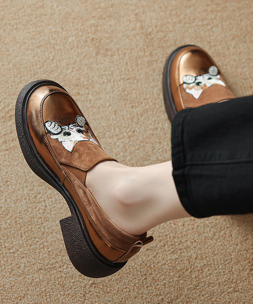 Loafer Cats Brown Chunky Splicing Embroidered Suede Shoes FashionChic