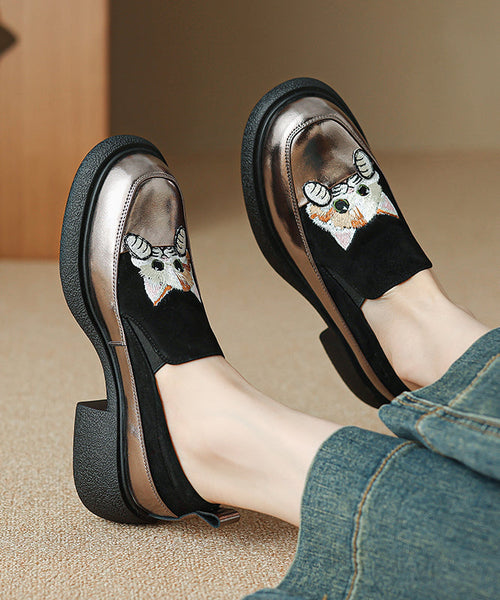 Loafer Cats Brown Chunky Splicing Embroidered Suede Shoes FashionChic