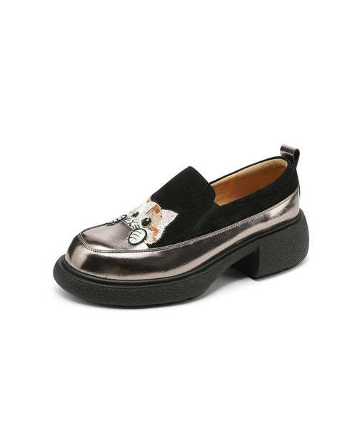 Loafer Cats Brown Chunky Splicing Embroidered Suede Shoes FashionChic