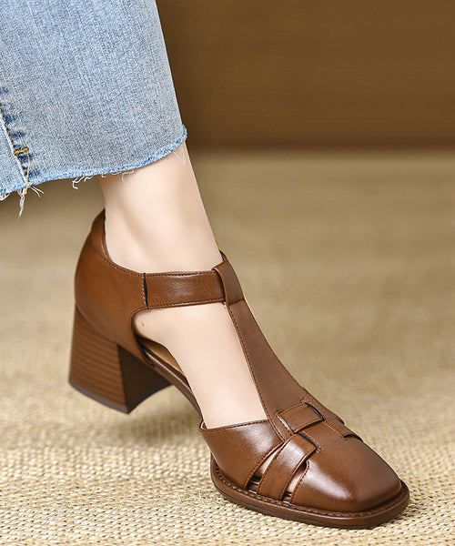 Fine Brown Leather Heel Cowhide Splicing Sandals Chunky FashionChic