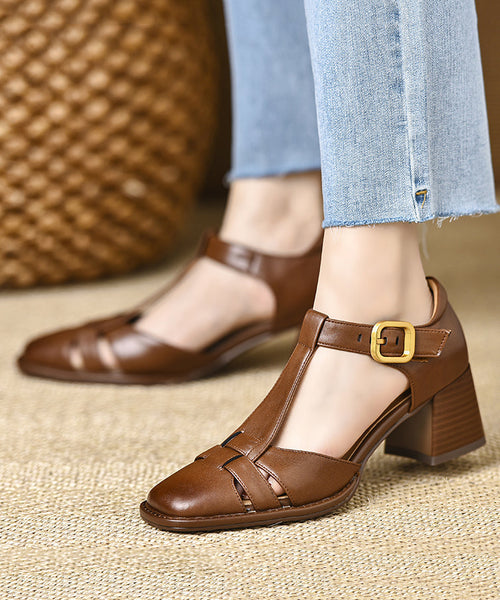 Fine Brown Leather Heel Cowhide Splicing Sandals Chunky FashionChic