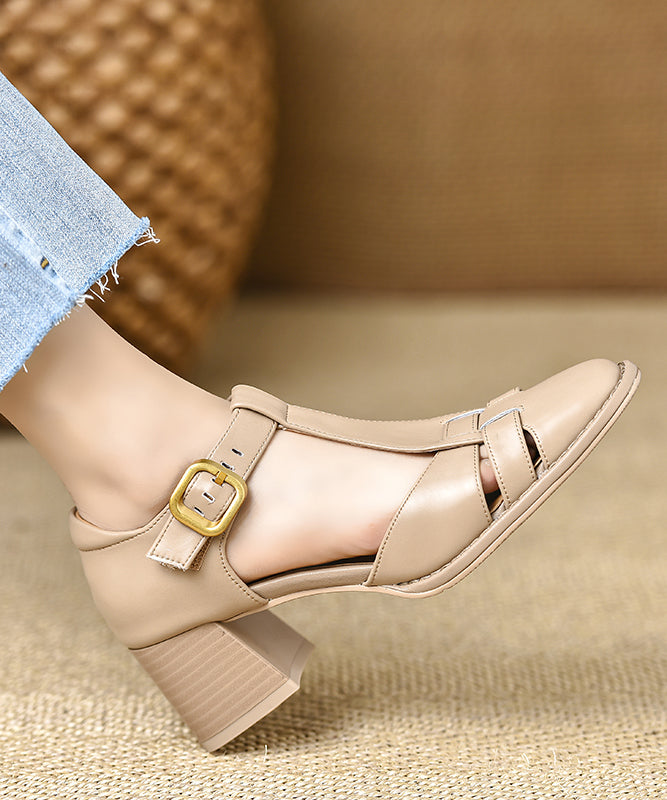 Fine Brown Leather Heel Cowhide Splicing Sandals Chunky FashionChic