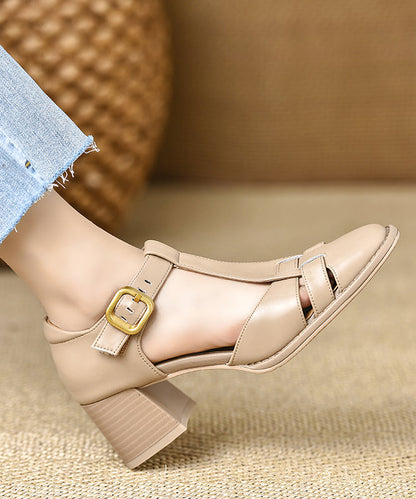 Fine Brown Leather Heel Cowhide Splicing Sandals Chunky FashionChic