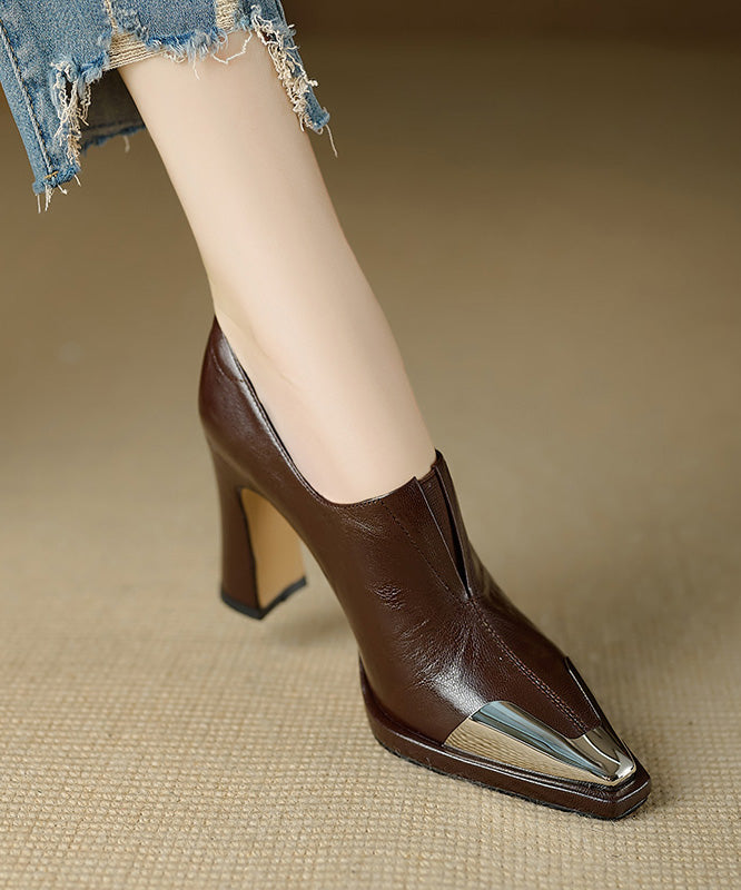 Brown Chunky High Heels Sheepskin Classy Splicing Pointed Toe RX012 ABC