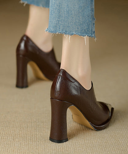 Brown Chunky High Heels Sheepskin Classy Splicing Pointed Toe RX012 ABC