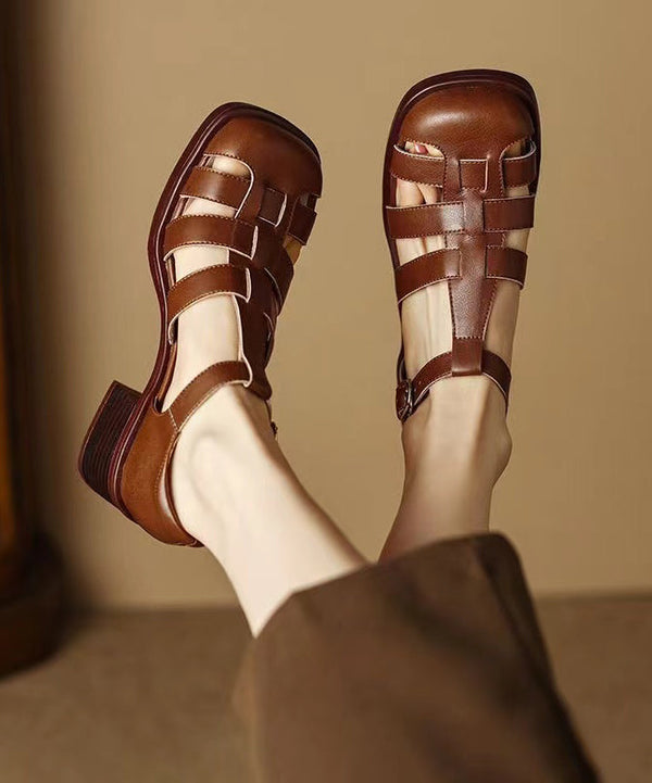 Brown Classy Splicing Chunky Heel Hollow Out Sandals XC1057 Ada Fashion
