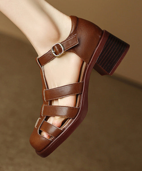 Brown Classy Splicing Chunky Heel Hollow Out Sandals XC1057 Ada Fashion