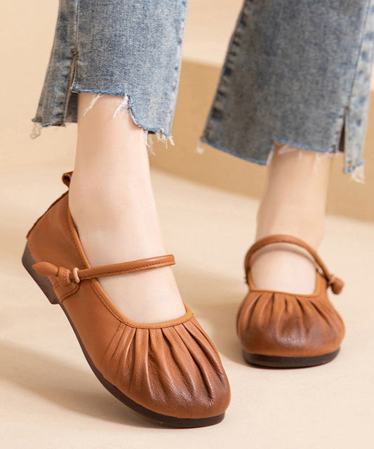 Wrinkled Splicing Cowhide Leather Comfy Women Shoes Flat Brown FashionChic