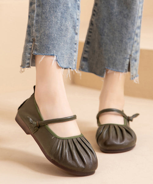 Wrinkled Splicing Cowhide Leather Comfy Women Shoes Flat Brown FashionChic