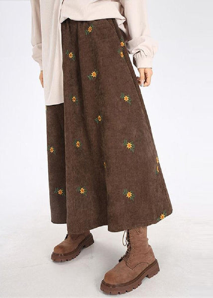 Brown Corduroy A Line Skirt Embroidered Spring YO027 ABC