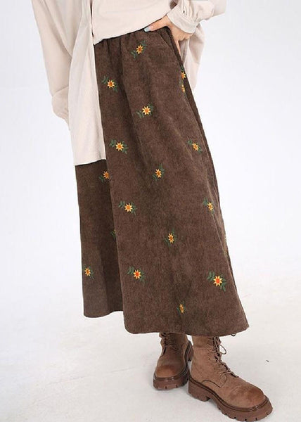 Brown Corduroy A Line Skirt Embroidered Spring YO027 ABC