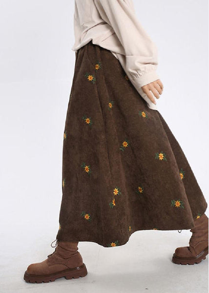 Brown Corduroy A Line Skirt Embroidered Spring YO027 ABC