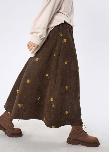 Brown Corduroy A Line Skirt Embroidered Spring YO027 ABC