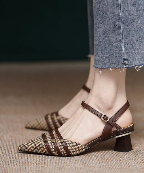 Brown Cotton Fabric Splicing Chunky High Heels Pointed Toe Buckle Strap AP1020 shoe-LX240905