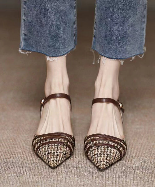 Brown Cotton Fabric Splicing Chunky High Heels Pointed Toe Buckle Strap AP1020 shoe-LX240905