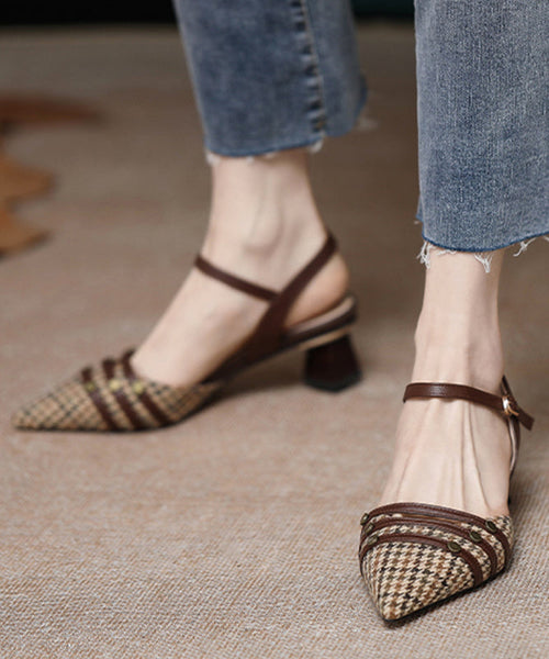 Brown Cotton Fabric Splicing Chunky High Heels Pointed Toe Buckle Strap AP1020 shoe-LX240905