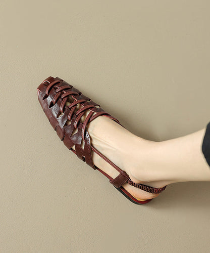 Brown Cowhide Leather Out Hollow Sandals Splicing Flat Breathable FashionChic