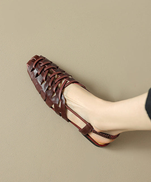 Brown Cowhide Leather Out Hollow Sandals Splicing Flat Breathable FashionChic