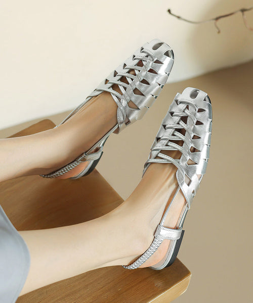 Brown Cowhide Leather Out Hollow Sandals Splicing Flat Breathable FashionChic