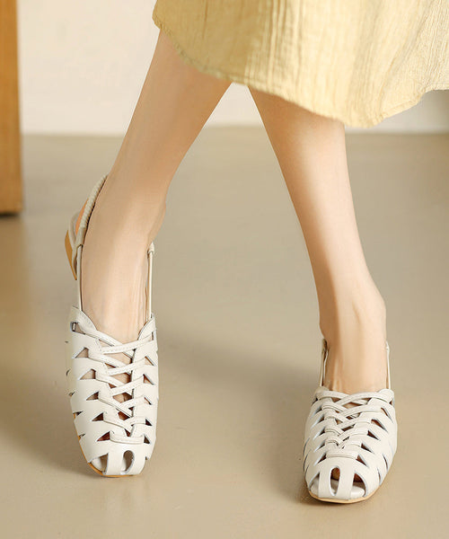 Brown Cowhide Leather Out Hollow Sandals Splicing Flat Breathable FashionChic