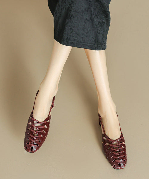 Brown Cowhide Leather Out Hollow Sandals Splicing Flat Breathable FashionChic